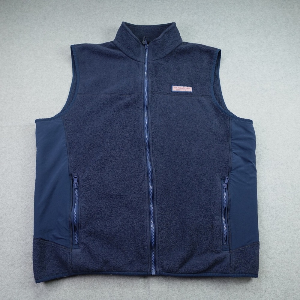 Vineyard Vines Fleece Vest Mens L Navy Blue Preppy Full Zip Mock Neck